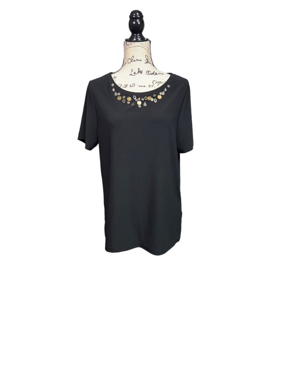 Sag Harbor Black Short Sleeve Top With Gold Embellished Neckline Women’s M